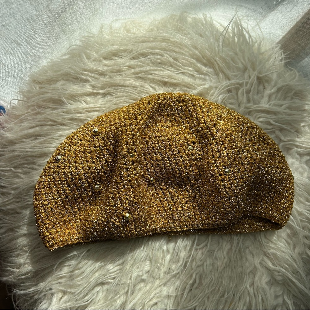 Vintage beaded gold knit beret hat